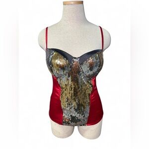 Y2K Charlotte Russe Sparkly red corset top with gold / silver sequins